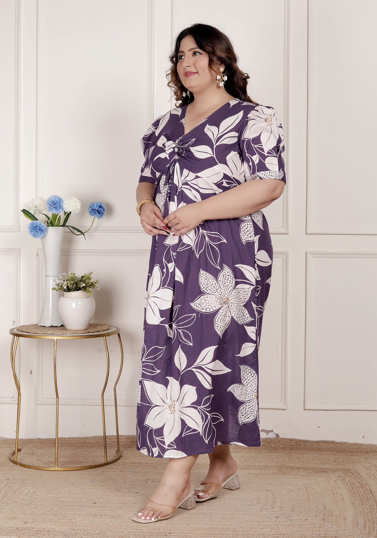 Miravan Womens Plus Size Purple Pleated Puff Sleeve Floral Pure Cotton Butterfly Middi Dress - view 4