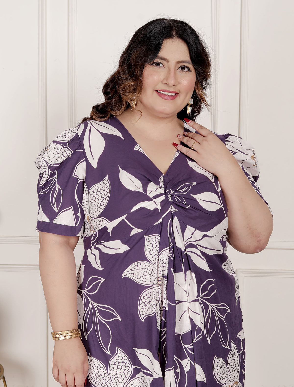 Miravan Womens Plus Size Purple Pleated Puff Sleeve Floral Pure Cotton Butterfly Middi Dress - view 5