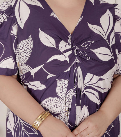 Miravan Womens Plus Size Purple Pleated Puff Sleeve Floral Pure Cotton Butterfly Middi Dress - view 6