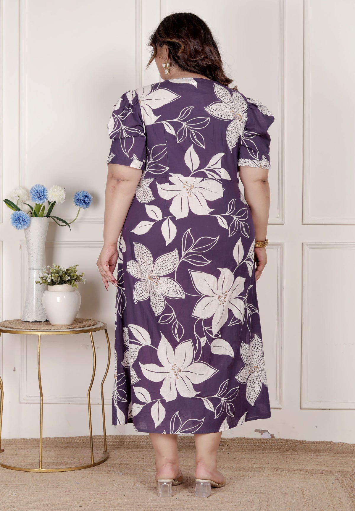 Miravan Womens Plus Size Purple Pleated Puff Sleeve Floral Pure Cotton Butterfly Middi Dress - view 7