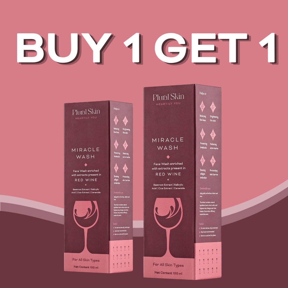 Two bottles of Plural Skin Miracle Wash, one in focus, highlighting the Buy One Get One offer.