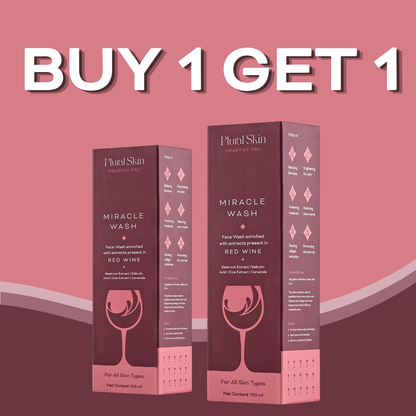 Two bottles of Plural Skin Miracle Wash, one in focus, highlighting the Buy One Get One offer.