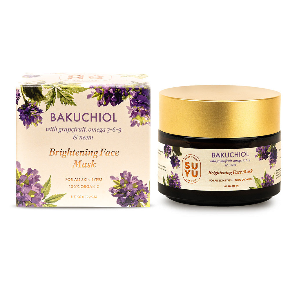 Suyu India Bakuchiol Brightening Face Mask 100gm jar with natural ingredients shown, for radiant skin. - Image 6