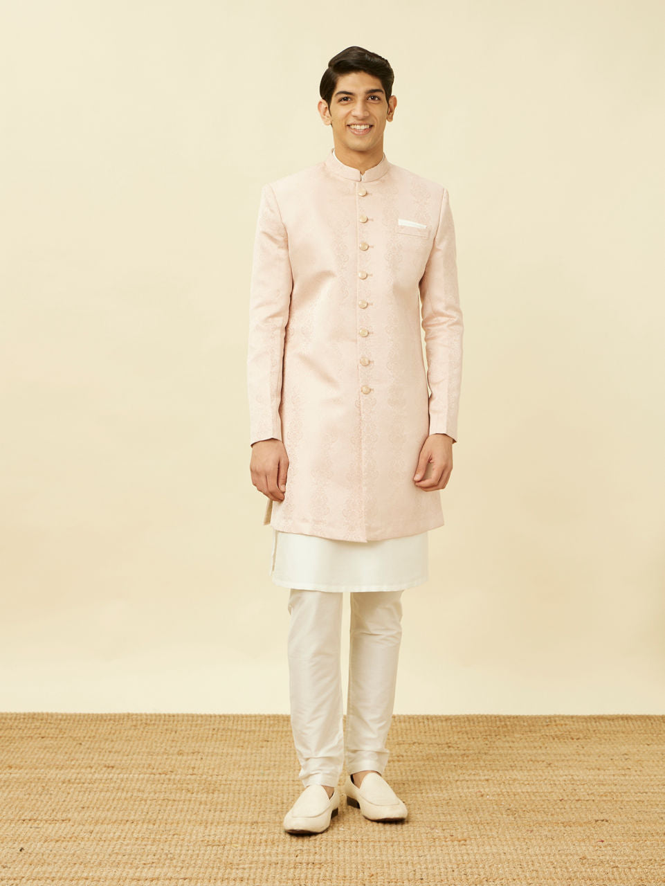 Manyavar Veiled Rose Pink Medallion Patterned Indo Western Set - view 4