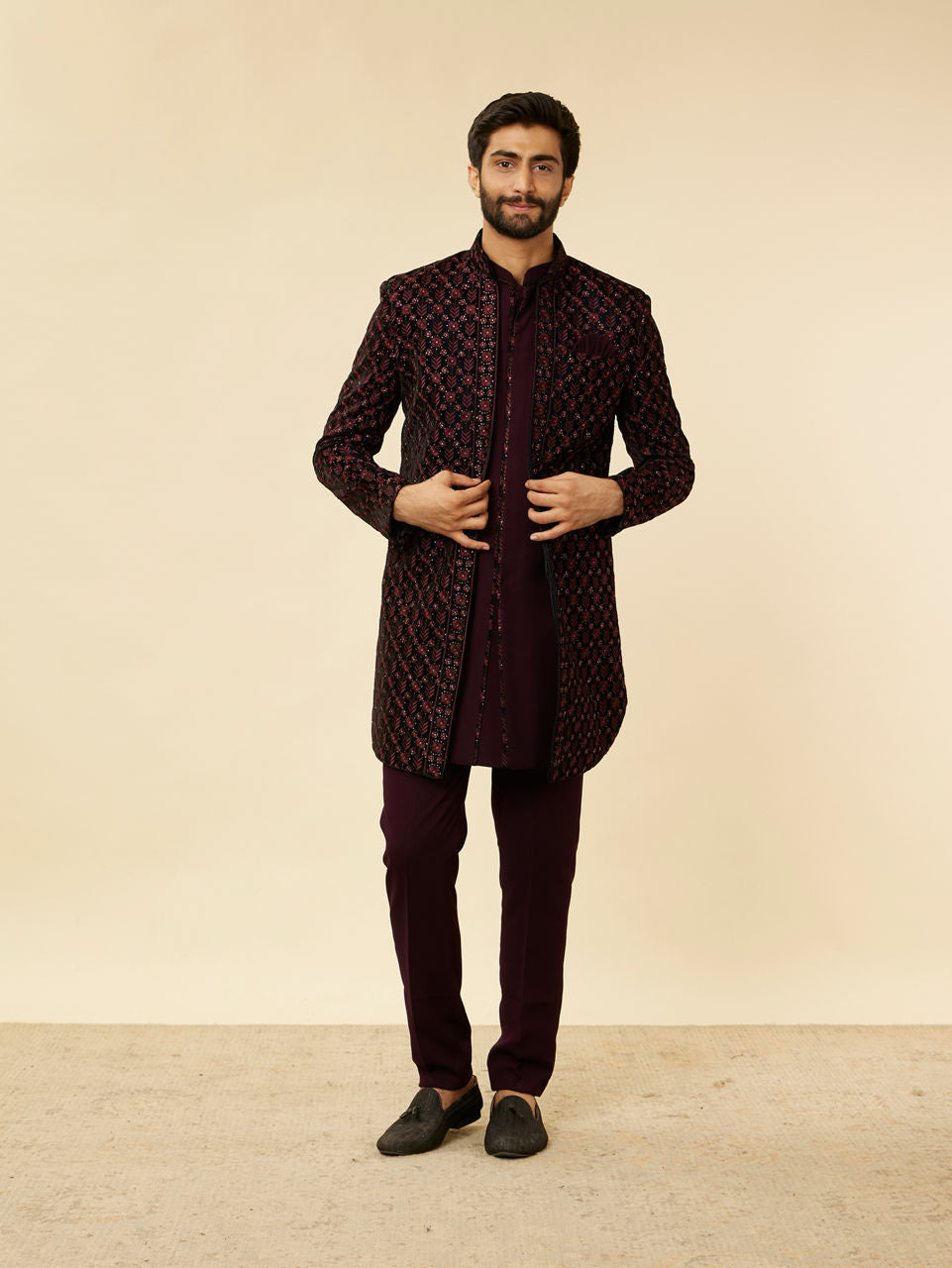 Manyavar Mauve Wine Floral String Patterned Indo Western Jacket Set - view 3