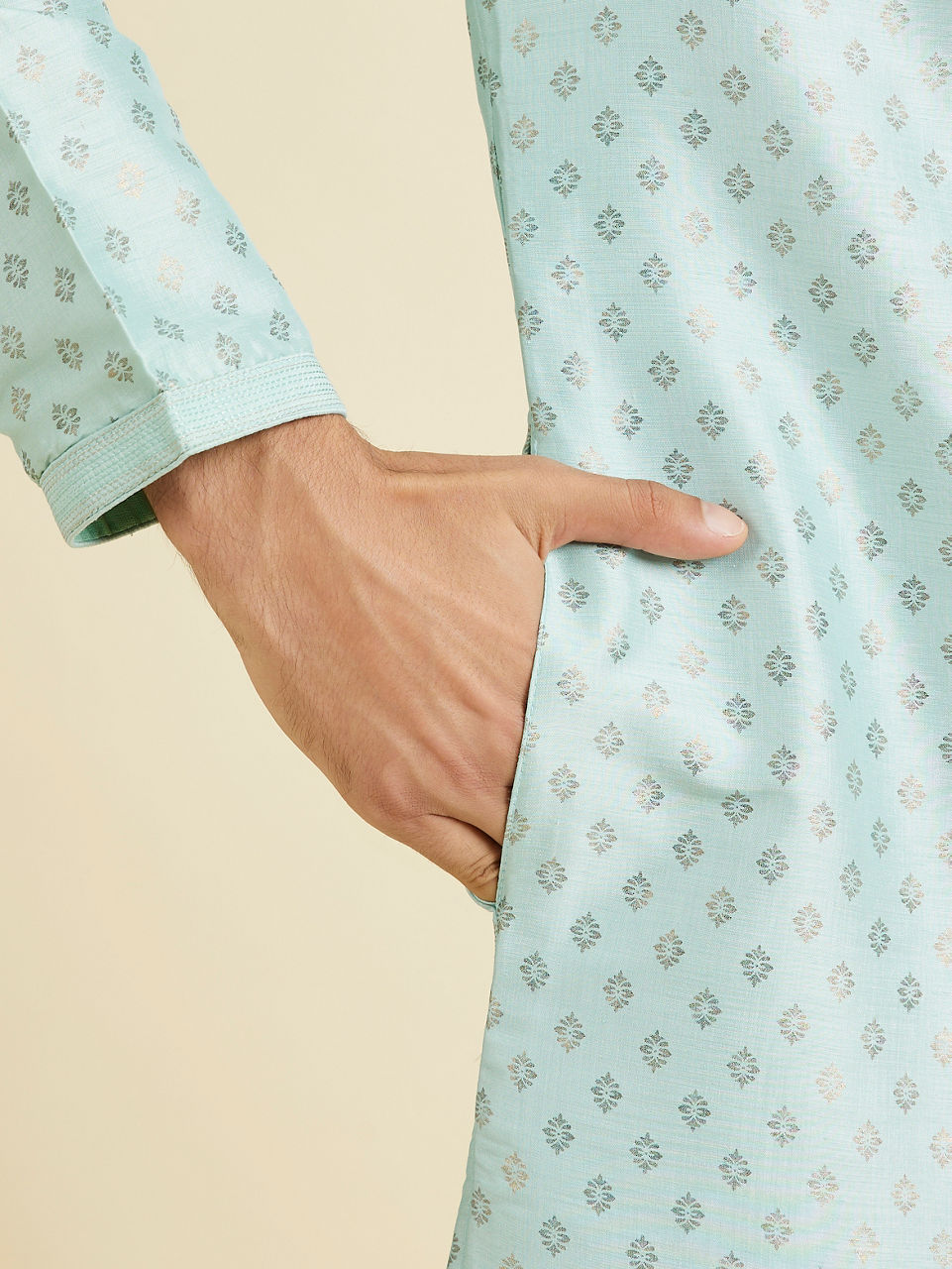 Manyavar Sea Green Kurta Pajama With Golden Motifs - view 4