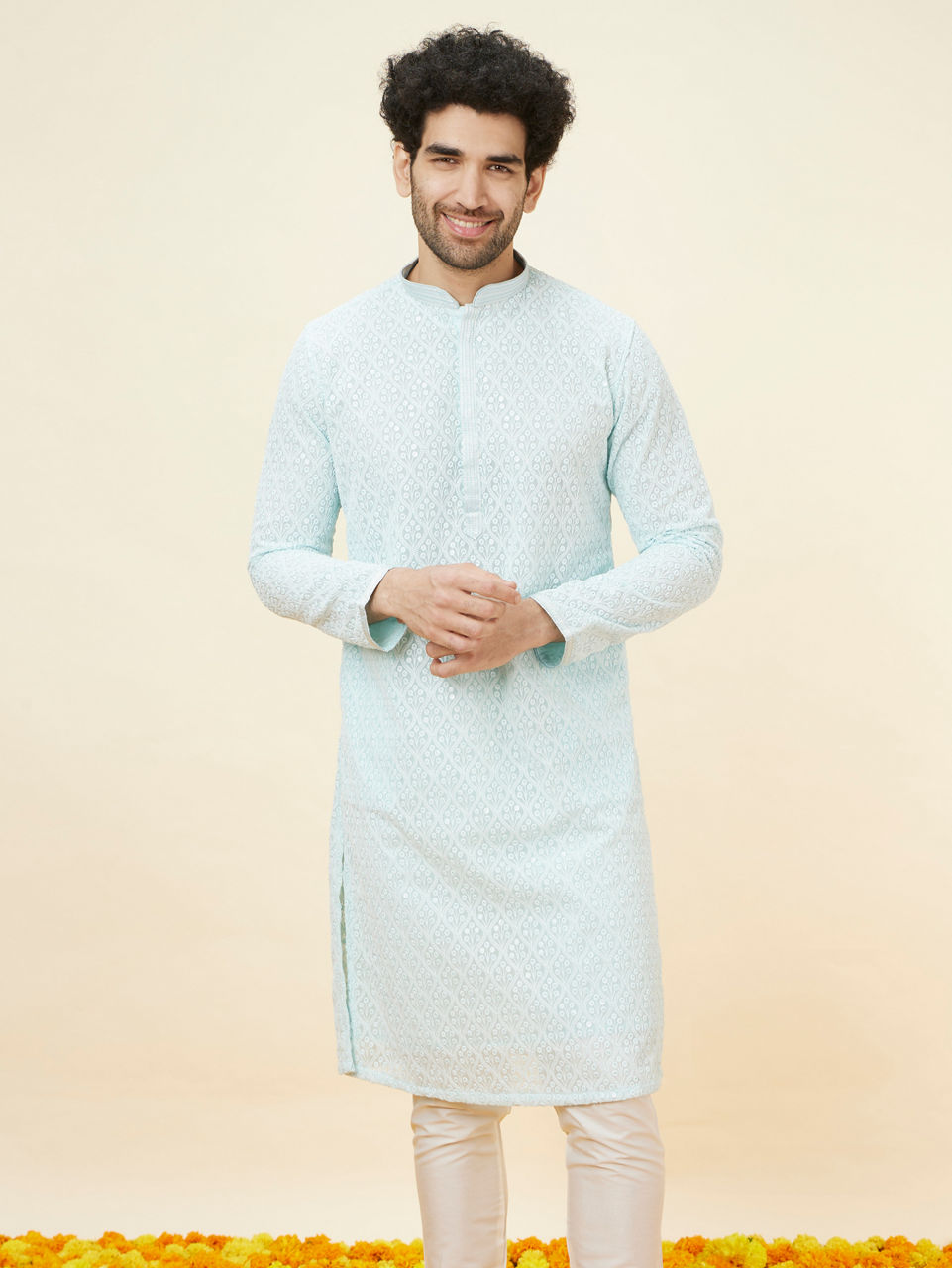 Manyavar Light Blue Sequin Embroidered Kurta Pajama