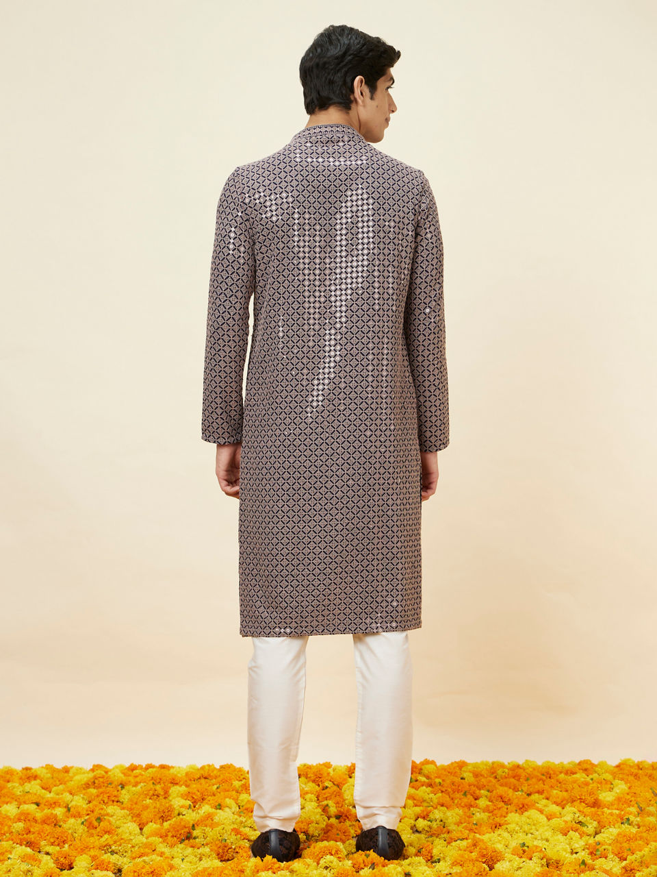 Manyavar Dove Grey Chikankari Sequined Kurta Set - view 6
