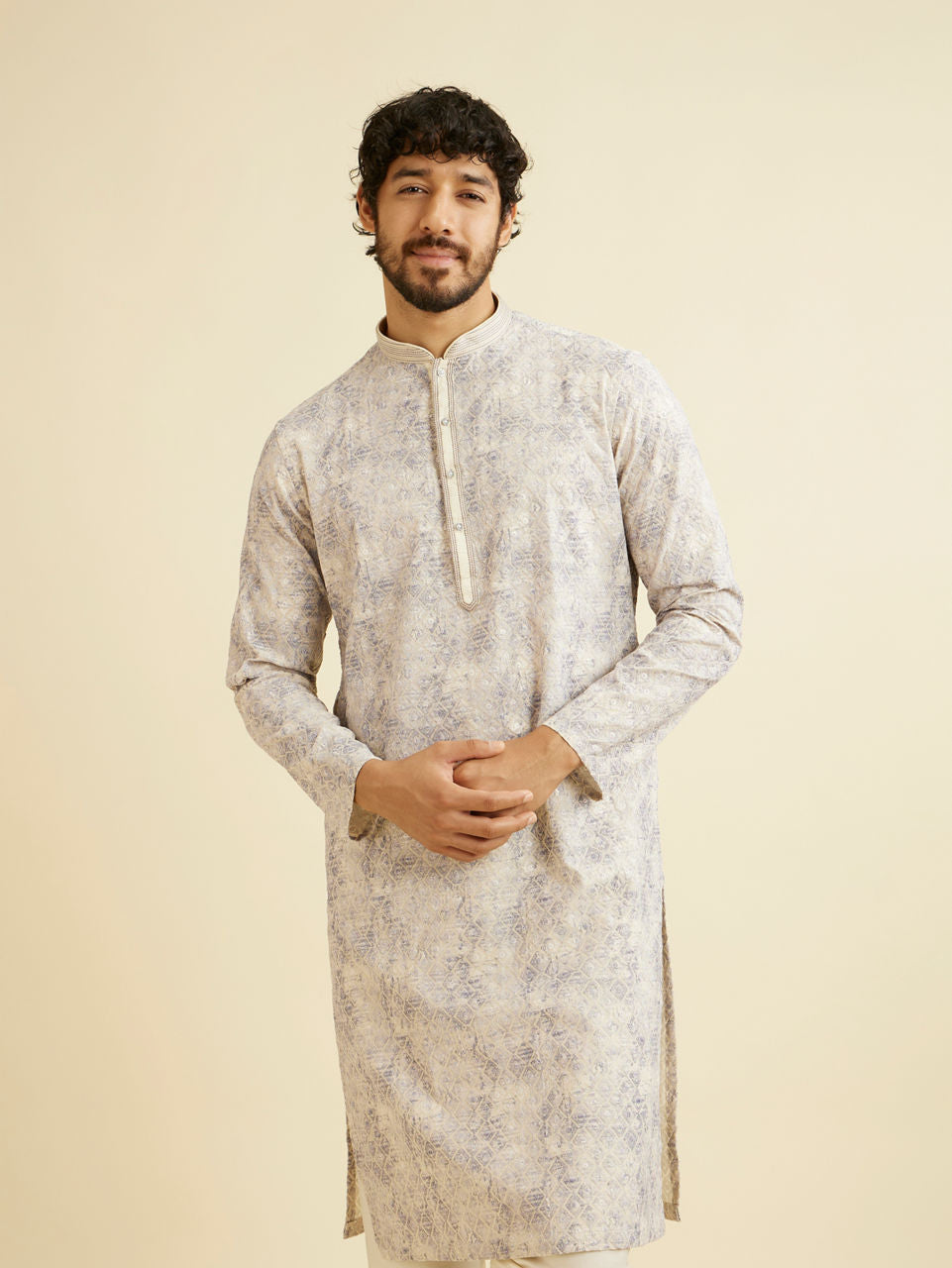 Manyavar Lavendar Grey Chikankari Patterned Kurta Set