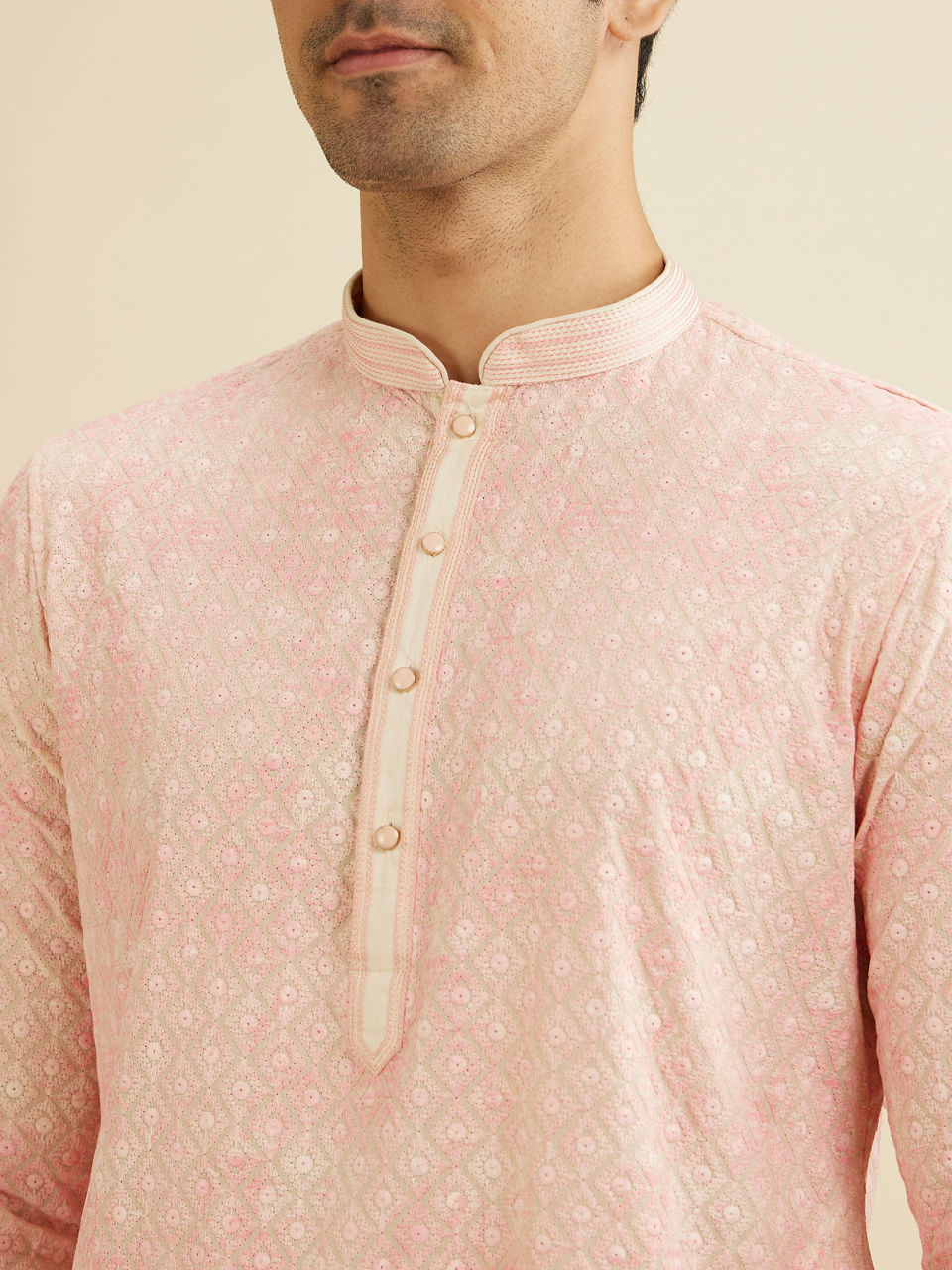 Manyavar Baby Pink Chikankari Patterned Kurta Set - view 2