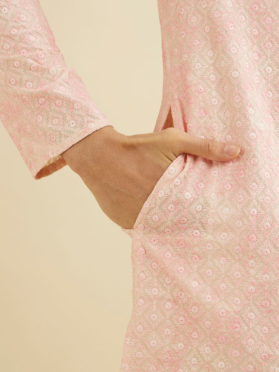Manyavar Baby Pink Chikankari Patterned Kurta Set - view 4