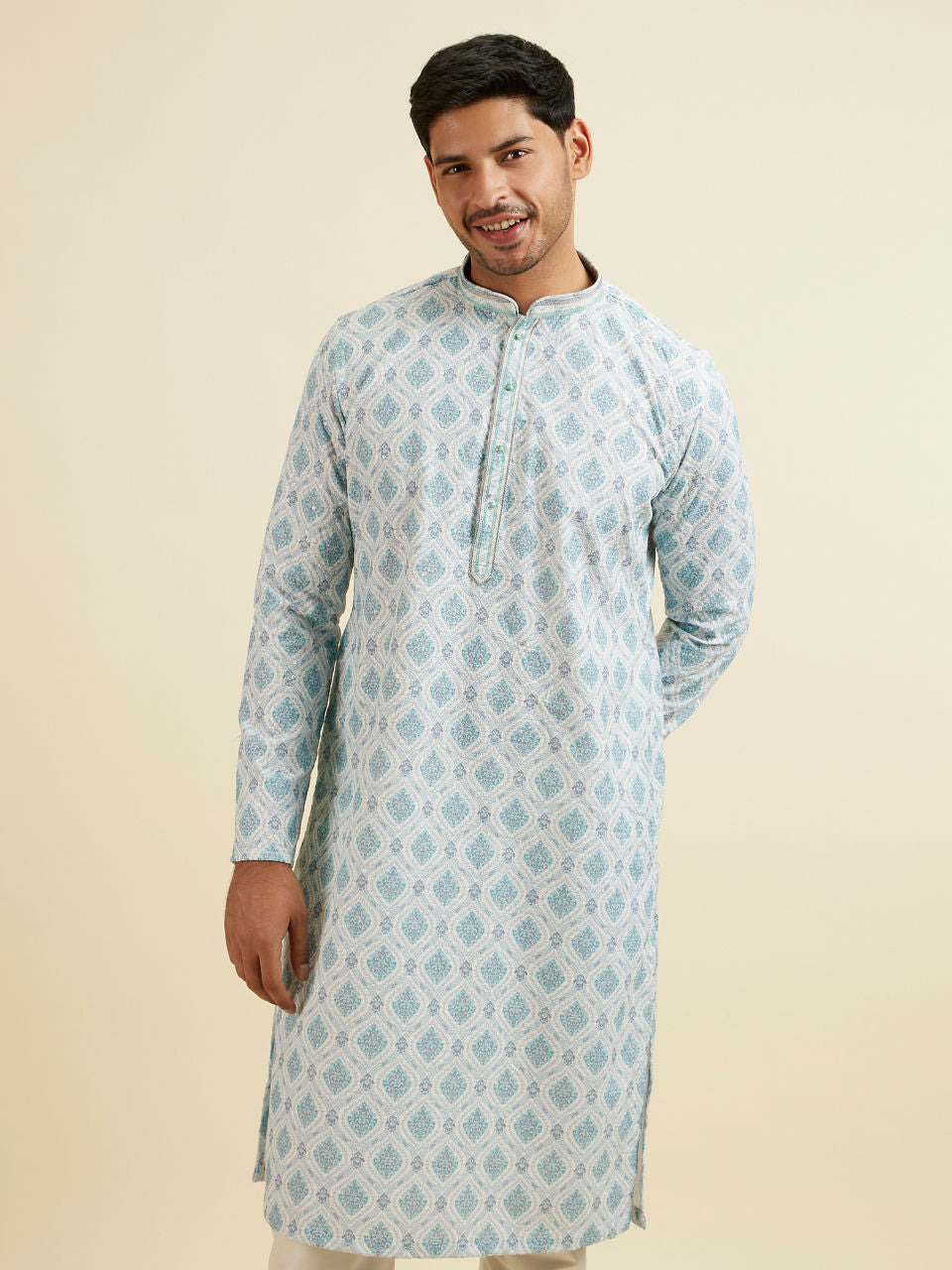 Manyavar Light Blue Jaal and Medallion Patterned Kurta Set