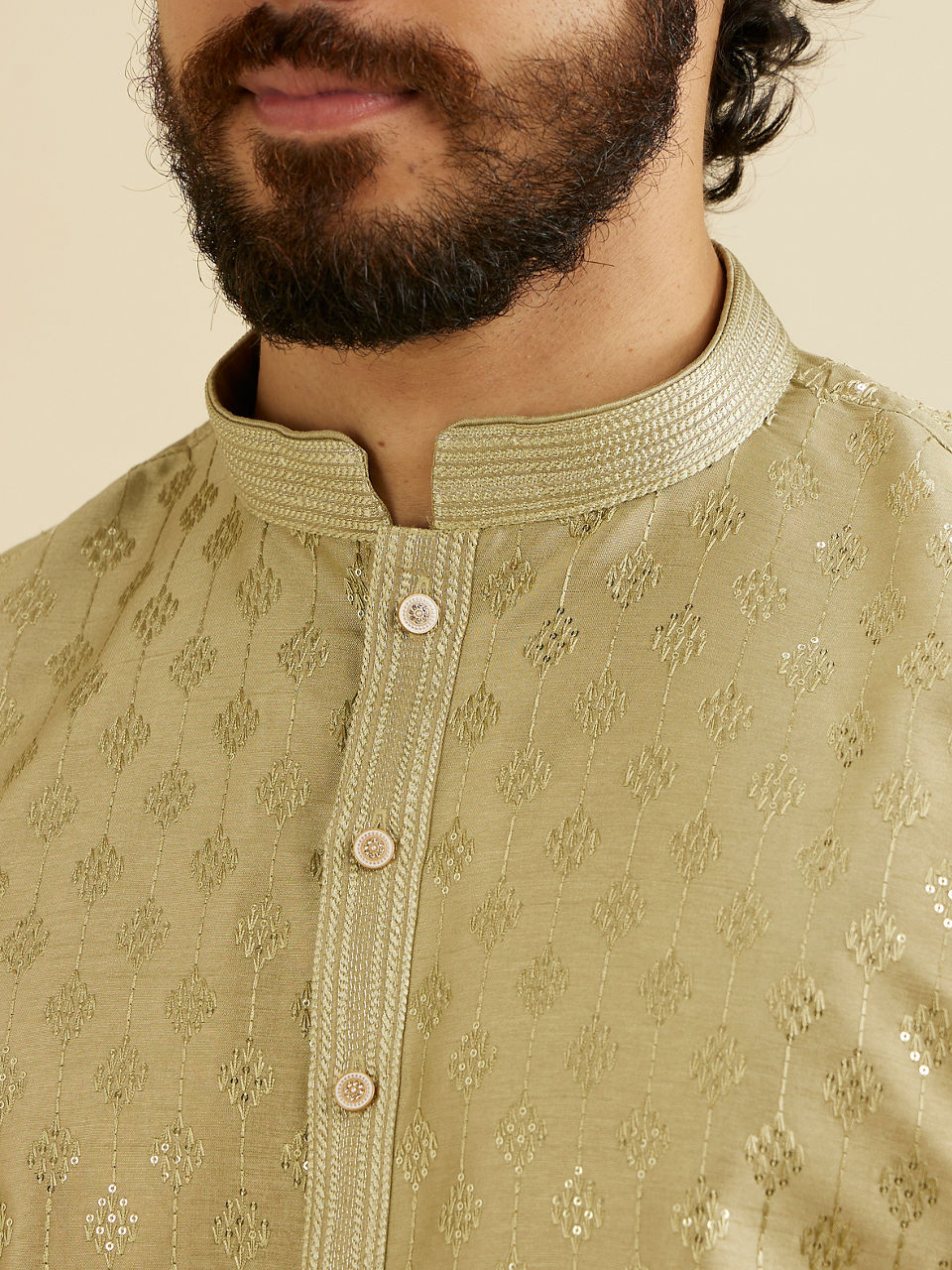 Manyavar Soft Green Kurta Set with Patra Work - view 2