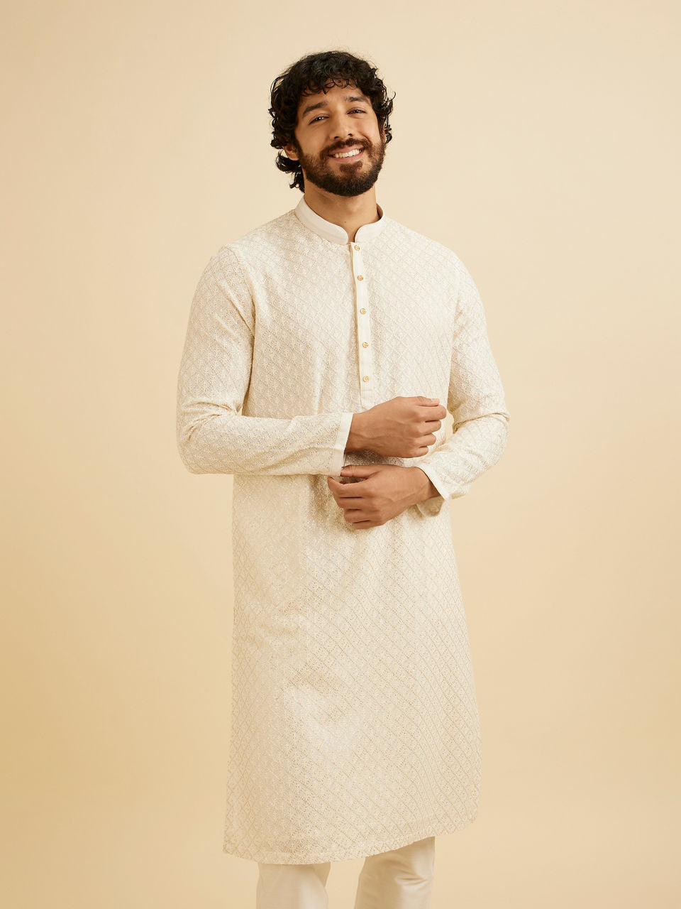 Manyavar Cream White Chikankari Work Kurta Set
