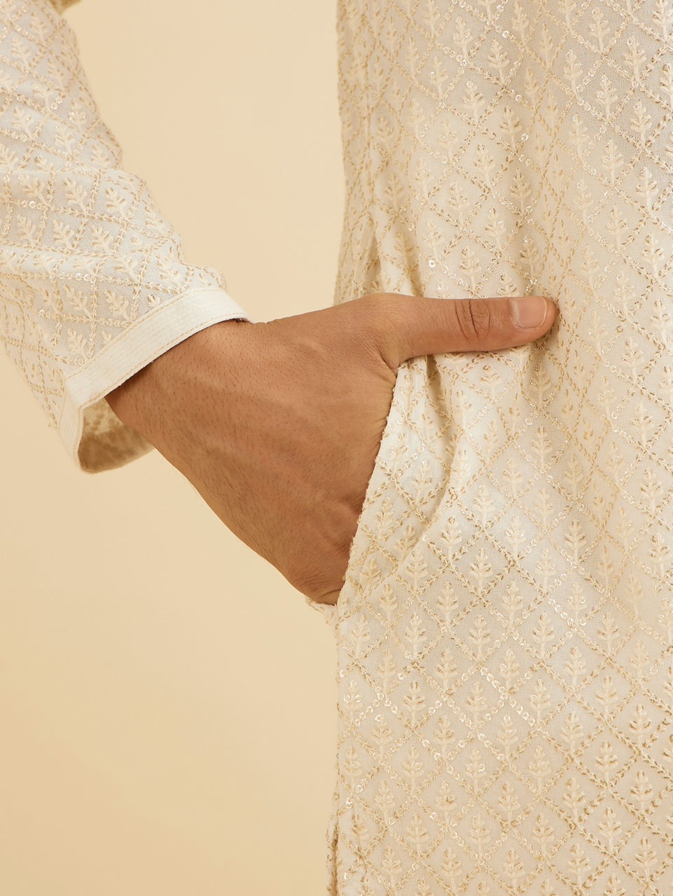 Manyavar Cream White Chikankari Work Kurta Set - view 4