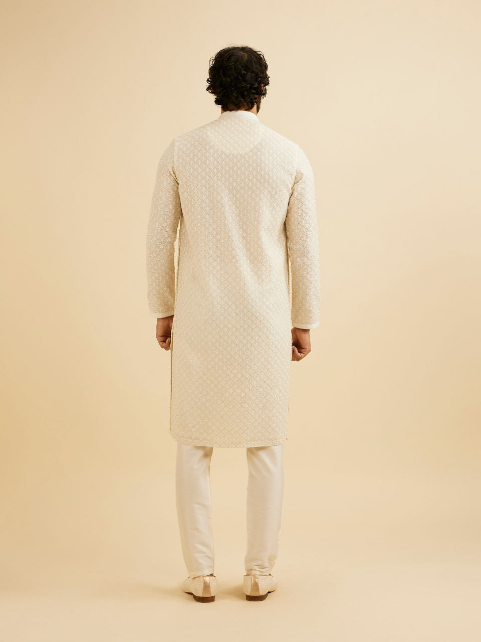 Manyavar Cream White Chikankari Work Kurta Set - view 6