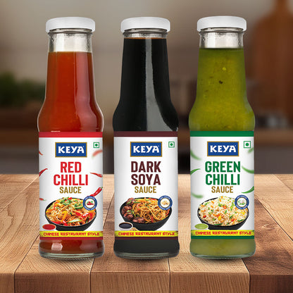 Keyafoods Chinese Sauce Combo featuring Red Chilli 200g, Green Chilli 190g, and Dark Soya 210g bottles.