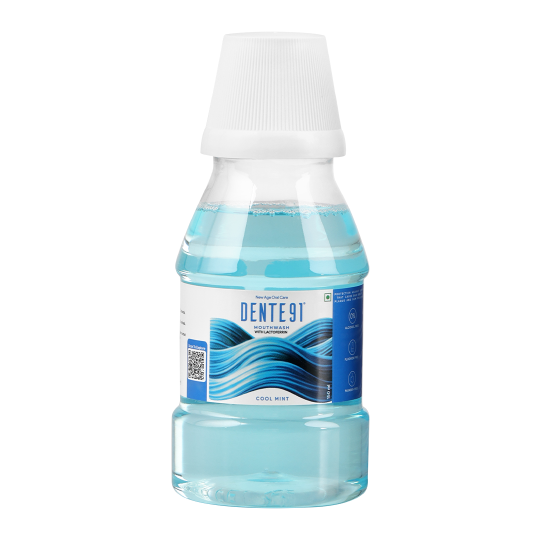 Dente91 Cool Mint Mouthwash bottle with mint leaves