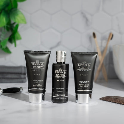 Bryan & Candy Sport Elite Ritual gift set featuring face wash, after-shave balm, and shower gel for men.