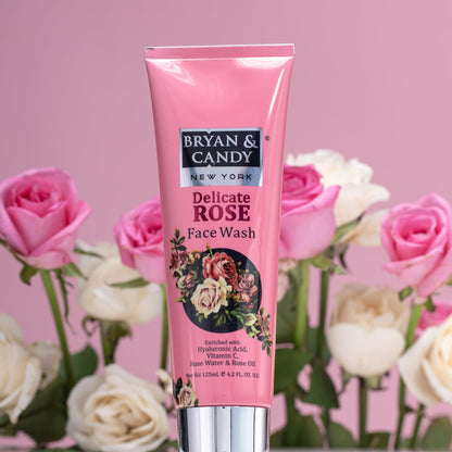 Bryan & Candy Delicate Rose Face Wash bottle with a soft pink label, showcasing premium packaging.