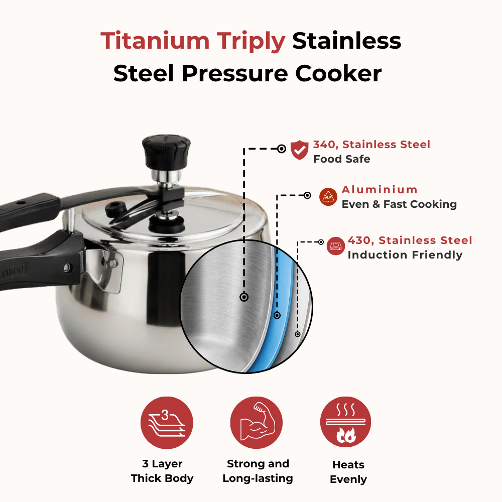 Vinod Doniv Titanium Triply Stainless Steel Pressure Cookers 2 Ltr, Inner Lid, Induction Friendly - view 7