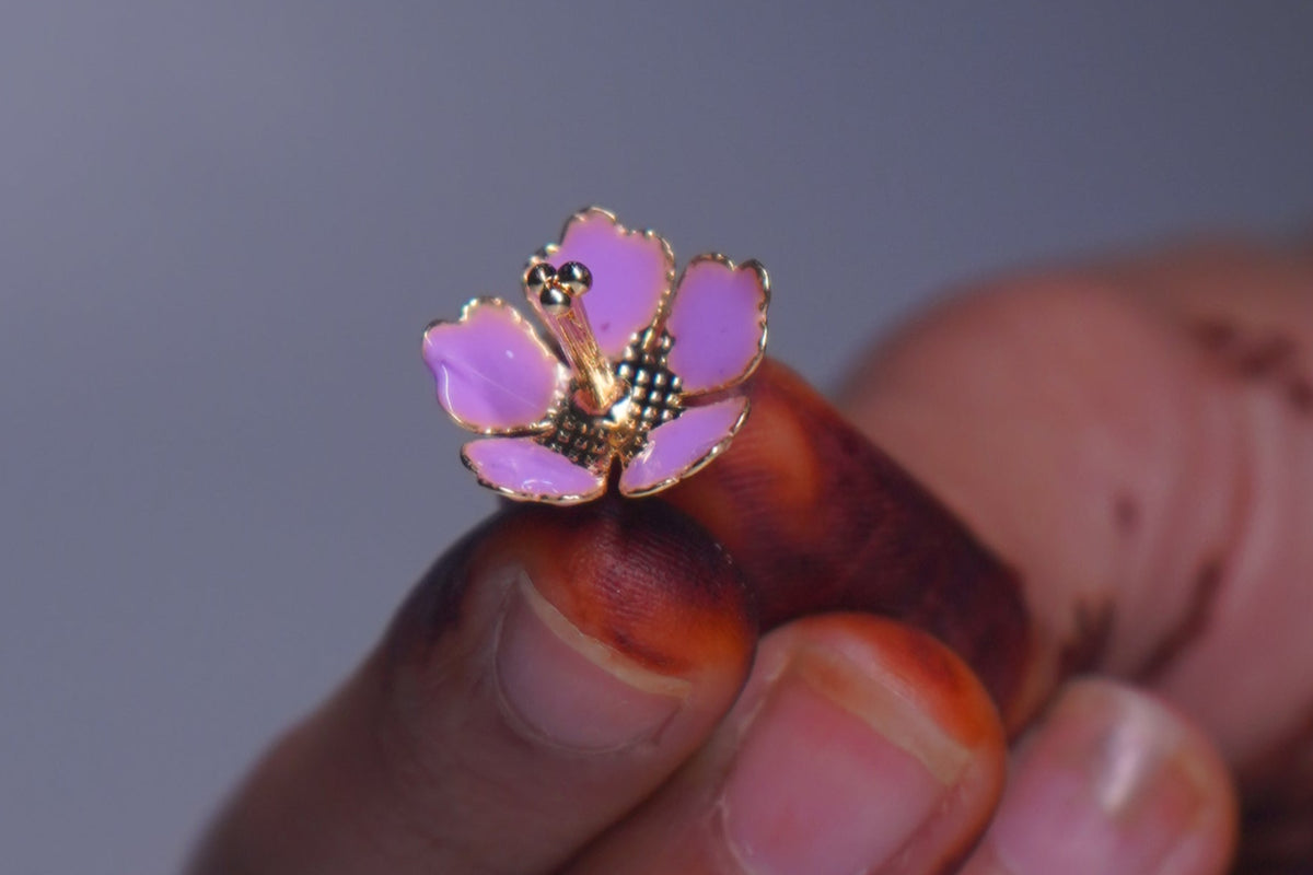 Pure Silver Enamel Violet Color Flowers 18G (Pack Of 10) - PUSHMYCART