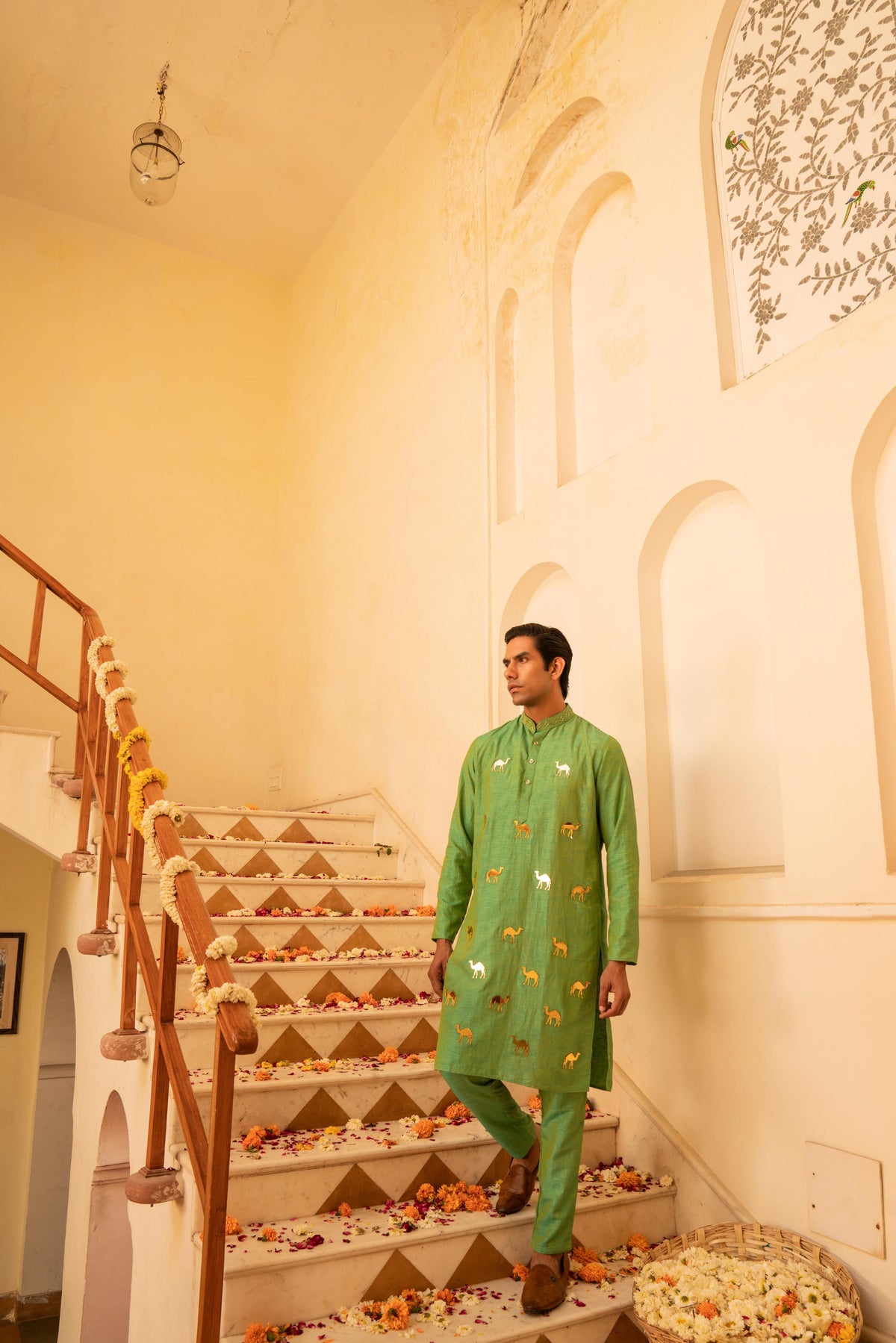 Kzari Opulent Avocado Green Crystal Mirror Kurta Set - PUSHMYCART