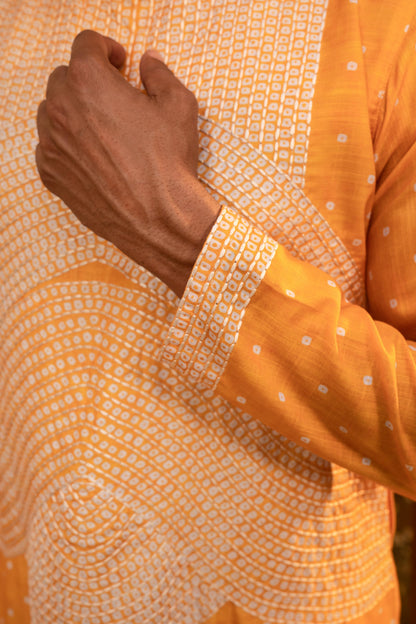 Kzari Brilliant Sun Yellow Bandhani White Embroidery Kurta - PUSHMYCART