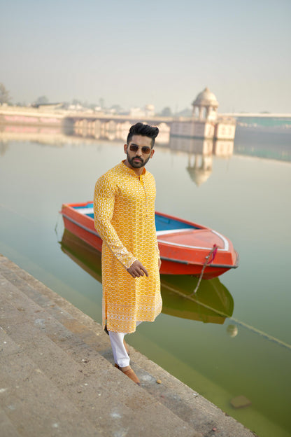 Kzari Orchid-Yellow Rayon Kurta with White Embroidery - PUSHMYCART