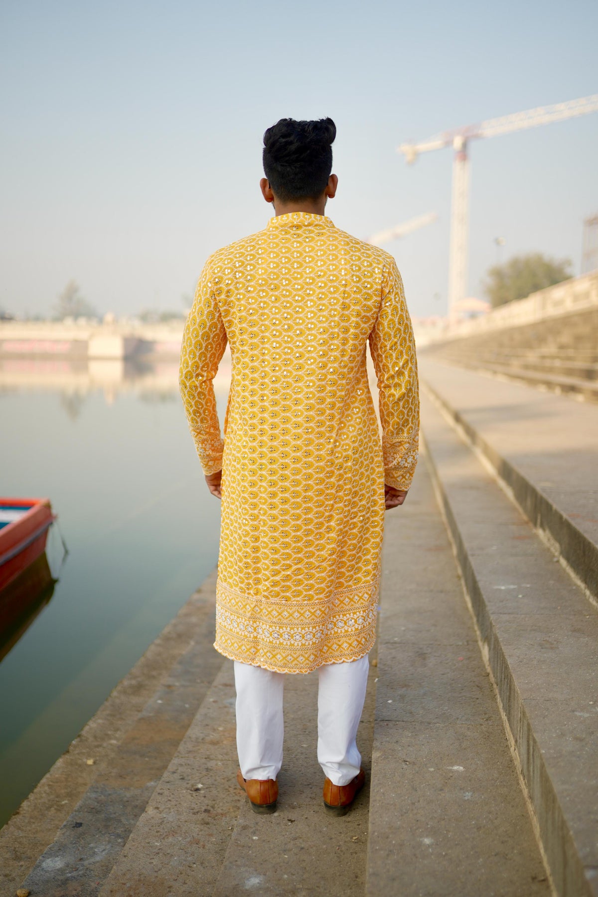 Kzari Orchid-Yellow Rayon Kurta with White Embroidery - PUSHMYCART