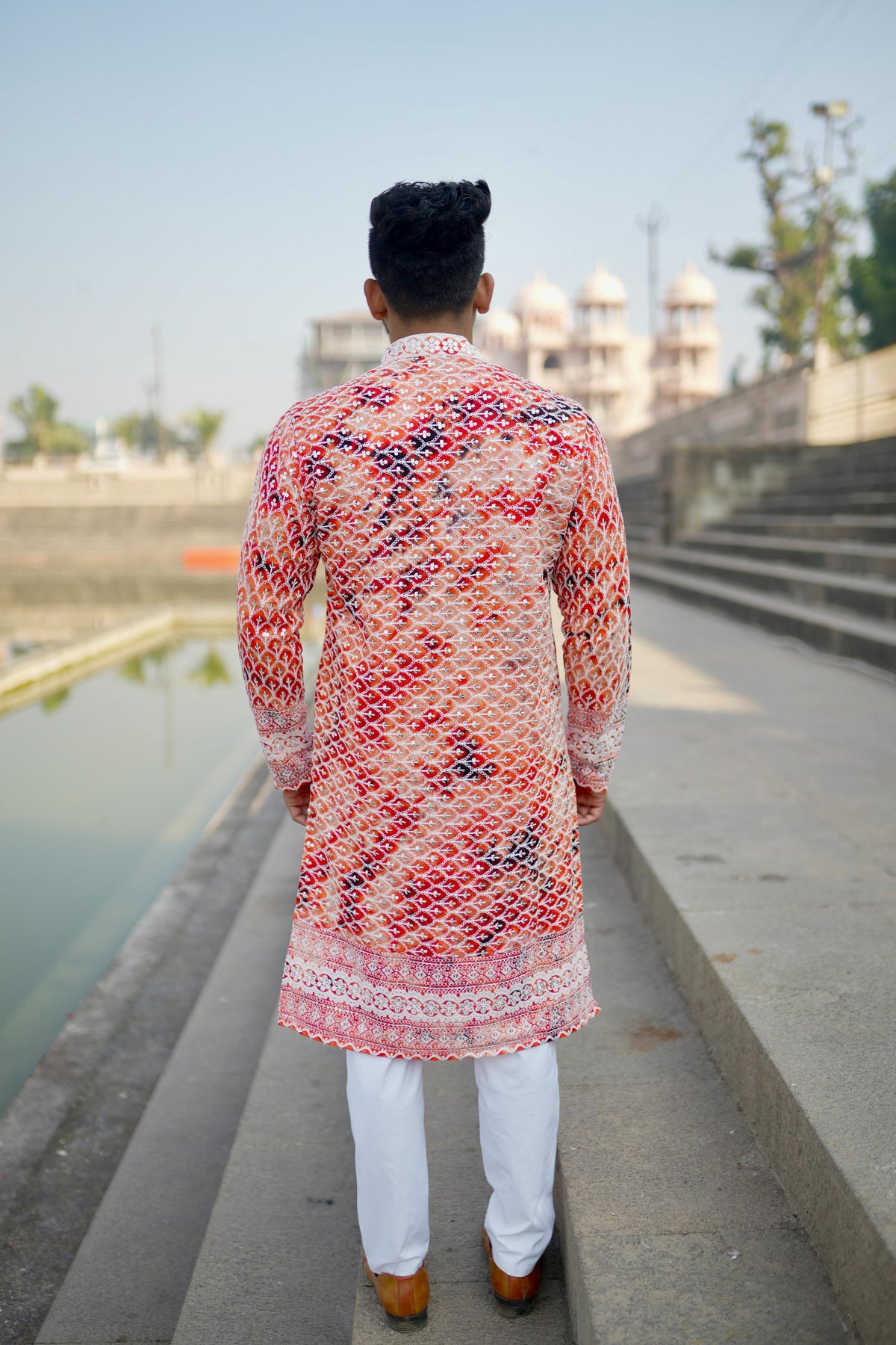 Kzari Anar - Orange Batik with White Embroidery Rayon Kurta - PUSHMYCART