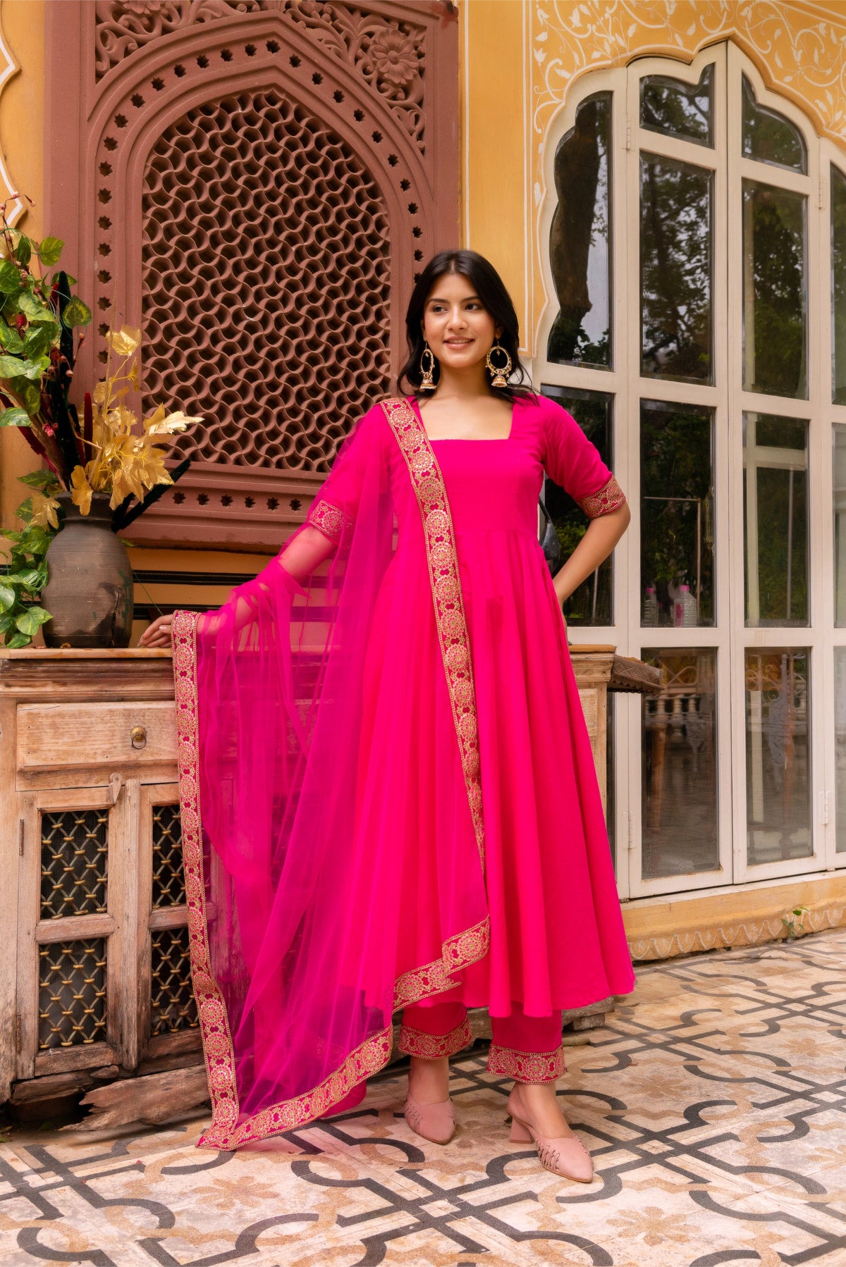 Raani Pink Cotton Anarkali With Embroidered Soft Net Dupatta