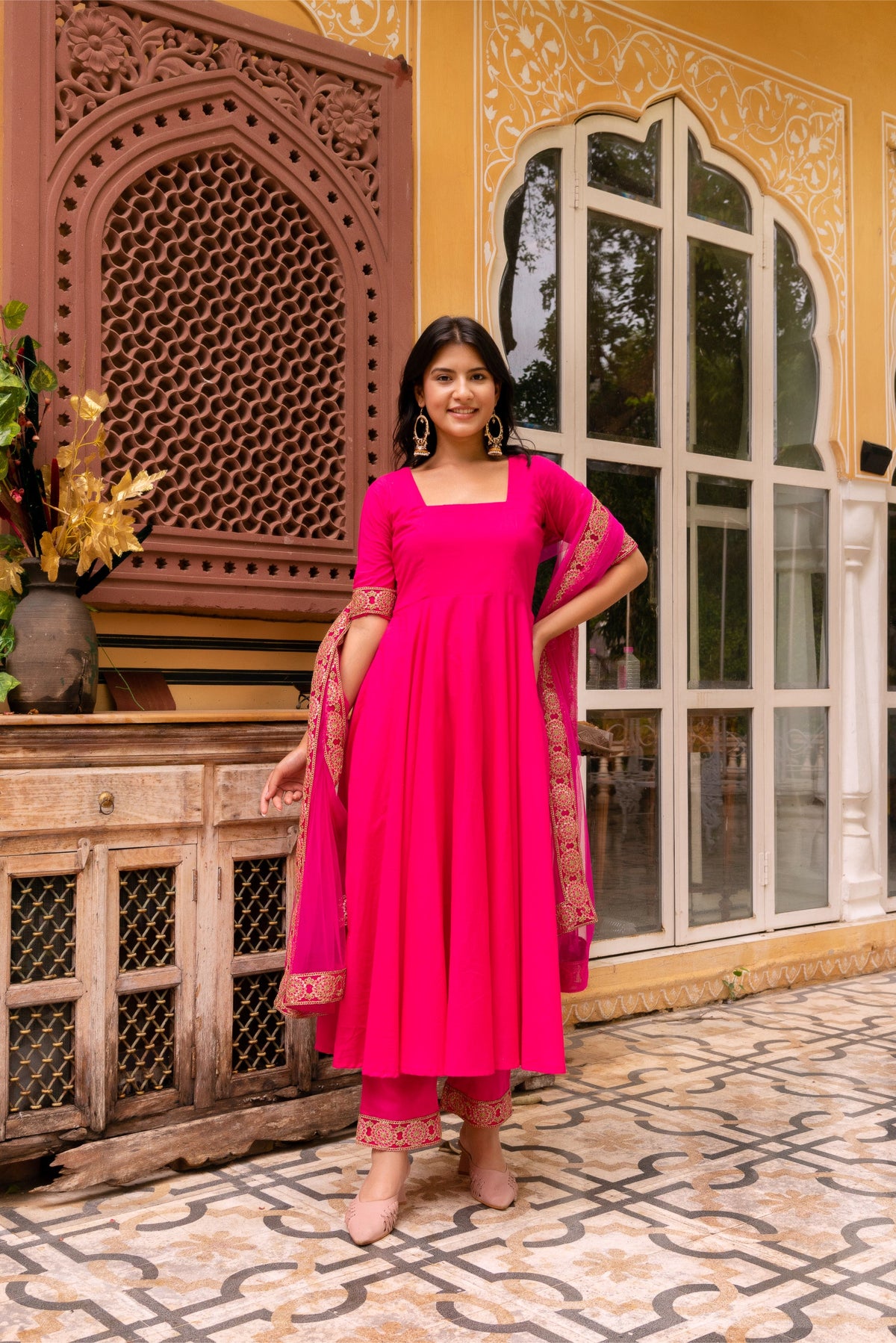 Raani Pink Cotton Anarkali With Embroidered Soft Net Dupatta