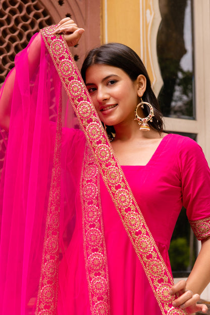 Raani Pink Cotton Anarkali With Embroidered Soft Net Dupatta