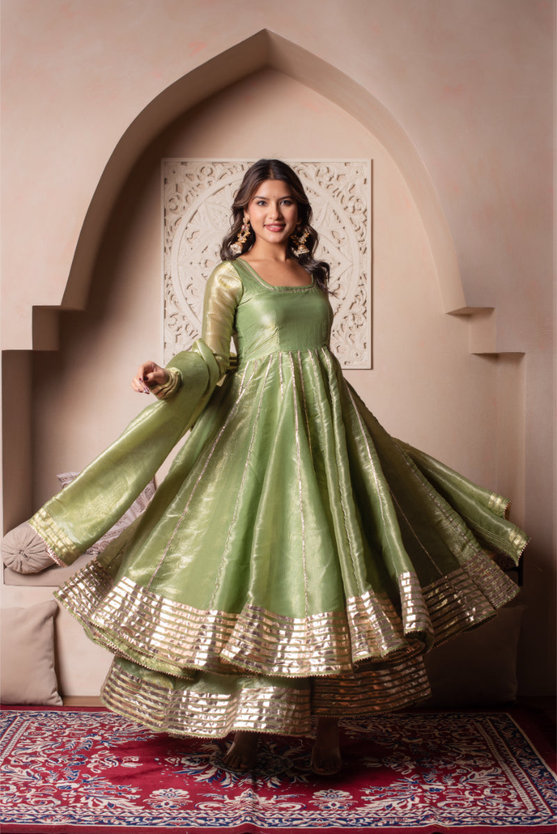 Ghazal Green Cosmos Silk Gota Patti Anarkali Set With Cosmos Silk Dupatta