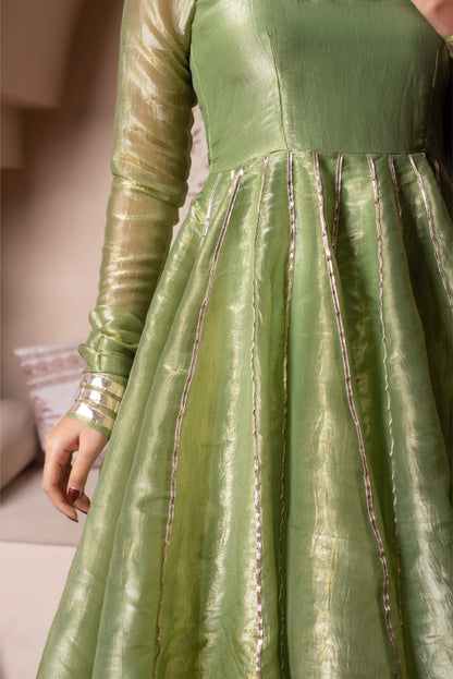 Ghazal Green Cosmos Silk Gota Patti Anarkali Set With Cosmos Silk Dupatta