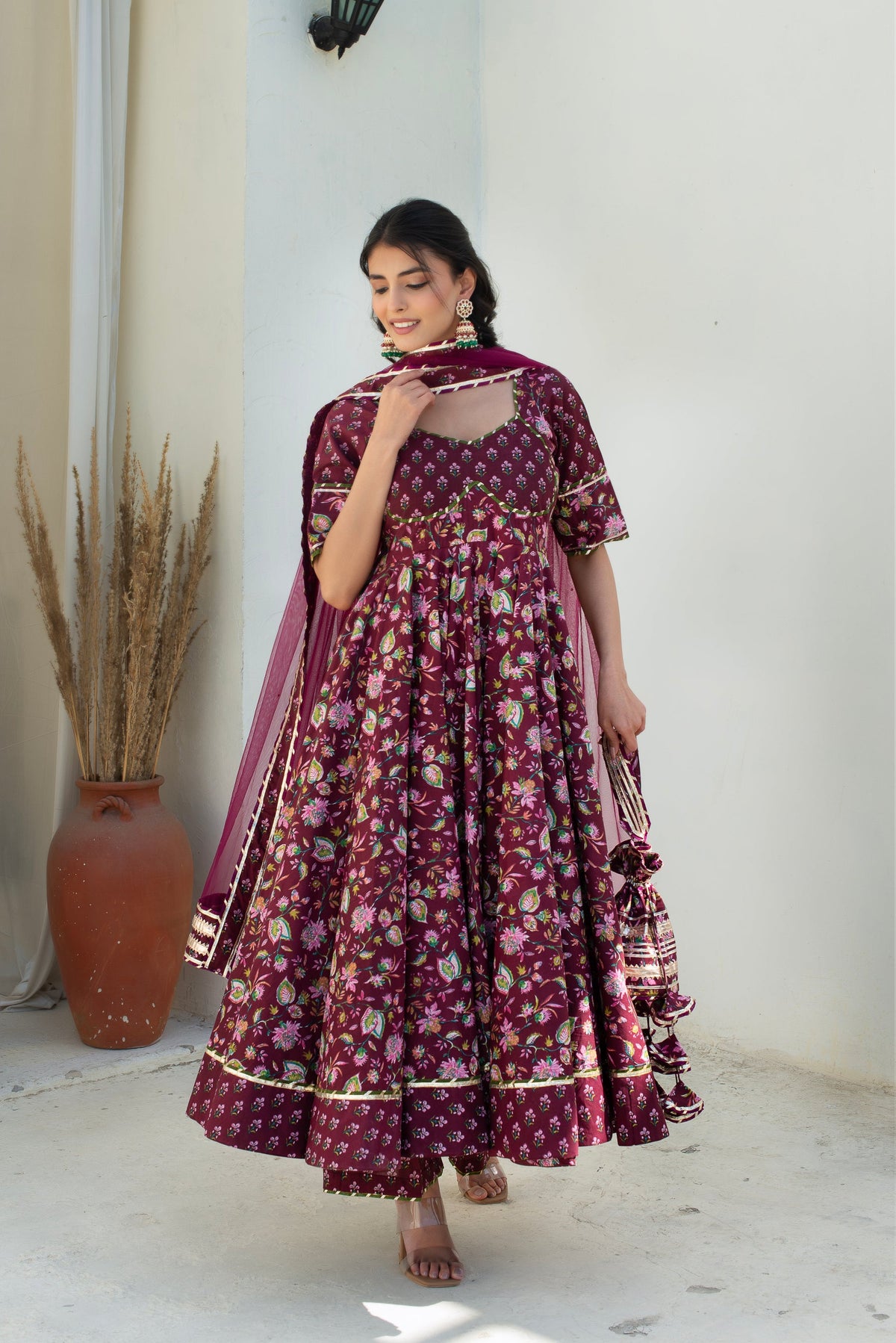 Hoor Plum Cotton Gota Patti Anarkali With Soft Net Dupatta