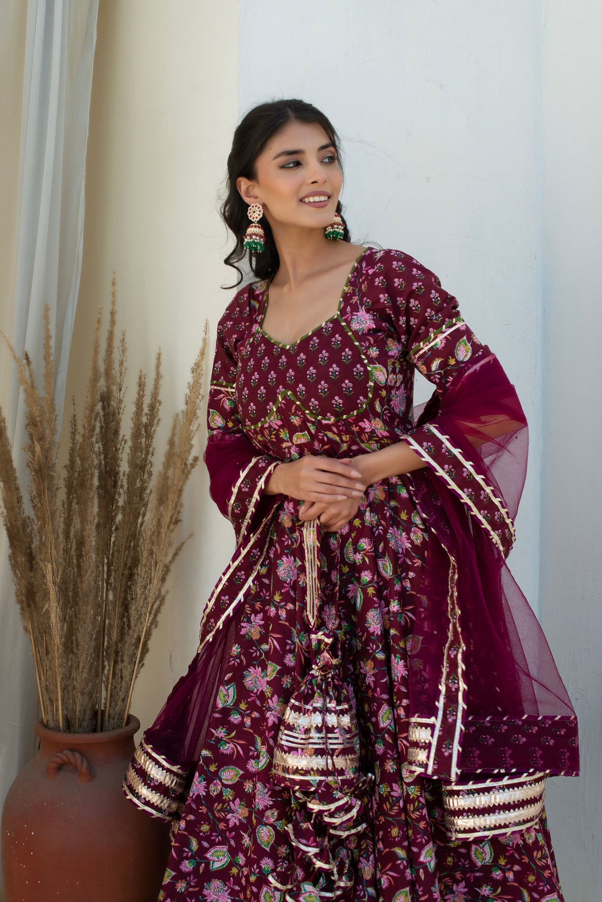 Hoor Plum Cotton Gota Patti Anarkali With Soft Net Dupatta