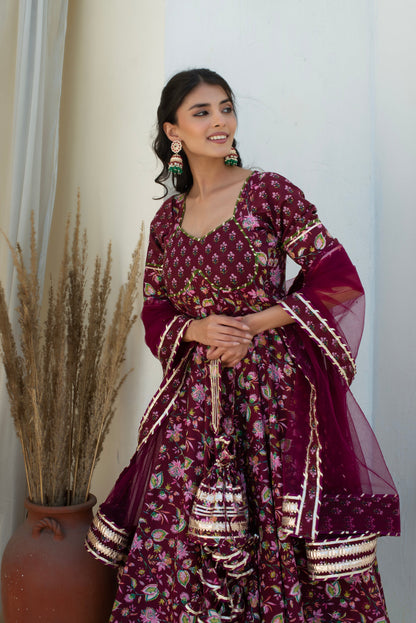 Hoor Plum Cotton Gota Patti Anarkali With Soft Net Dupatta