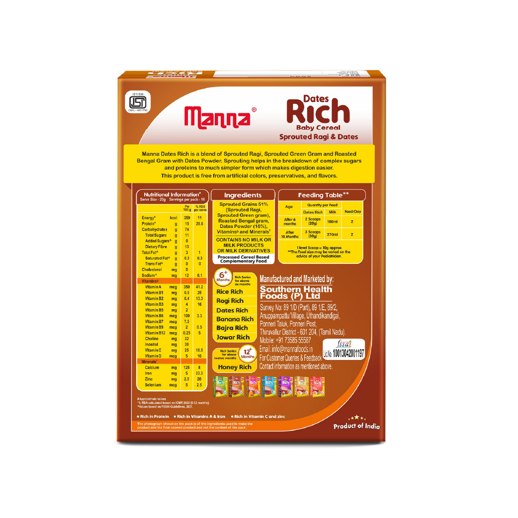 Manna Foods Baby Cereal Sprouted Ragi and Date powder 6 months + 200g