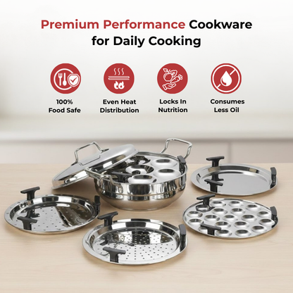 Vinod Doniv Stainless Steel Induction Bottom Multi Kadhai with 5 Plates (2 Idli, 1 Mini Idli, 1 Patra/Momos, 2 Khaman / Dhokla) - view 3