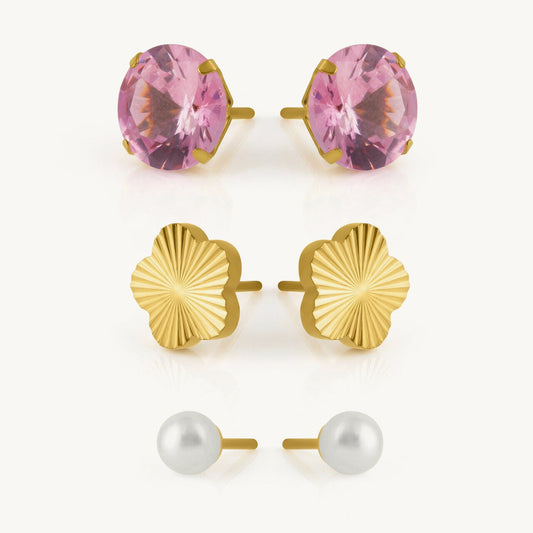 Palmonas Pink Bloom Floral and Pearl Stud Earring Set