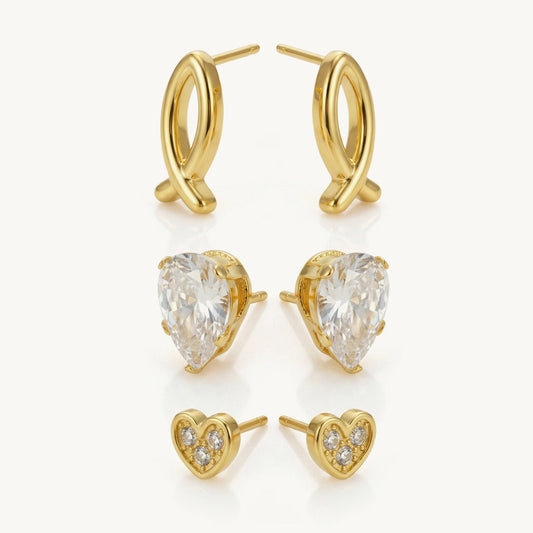 Palmonas Luxe Mix Loop CZ and Heart Stud Earring Set