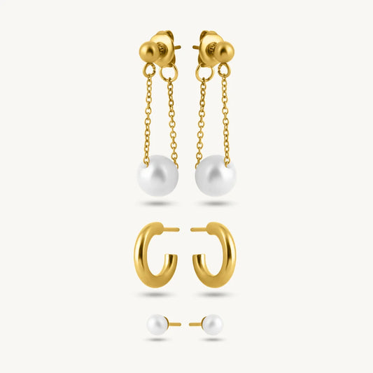 Palmonas Pearl Drape Chain Hoops and Stud Earring Set