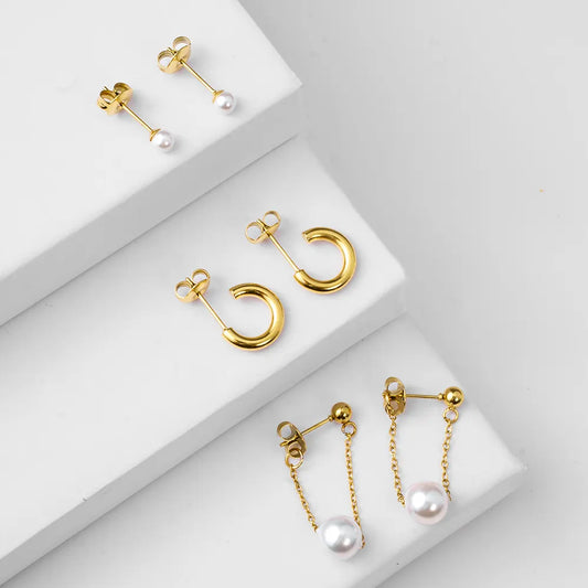 Palmonas Pearl Drape Chain Hoops and Stud Earring Set