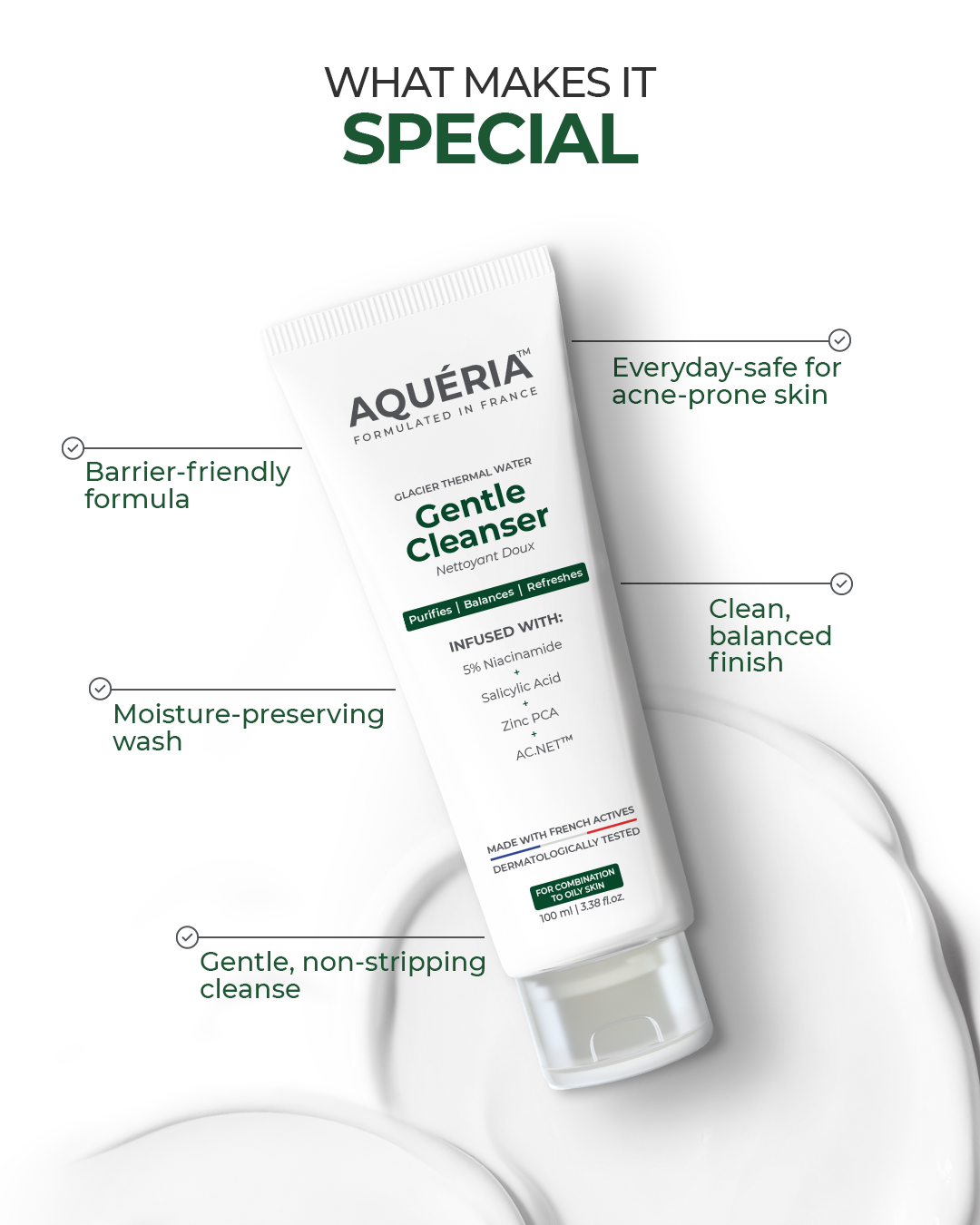 Aqueria oil control face wash on a bathroom shelf, ready for daily use by acne-prone skin.