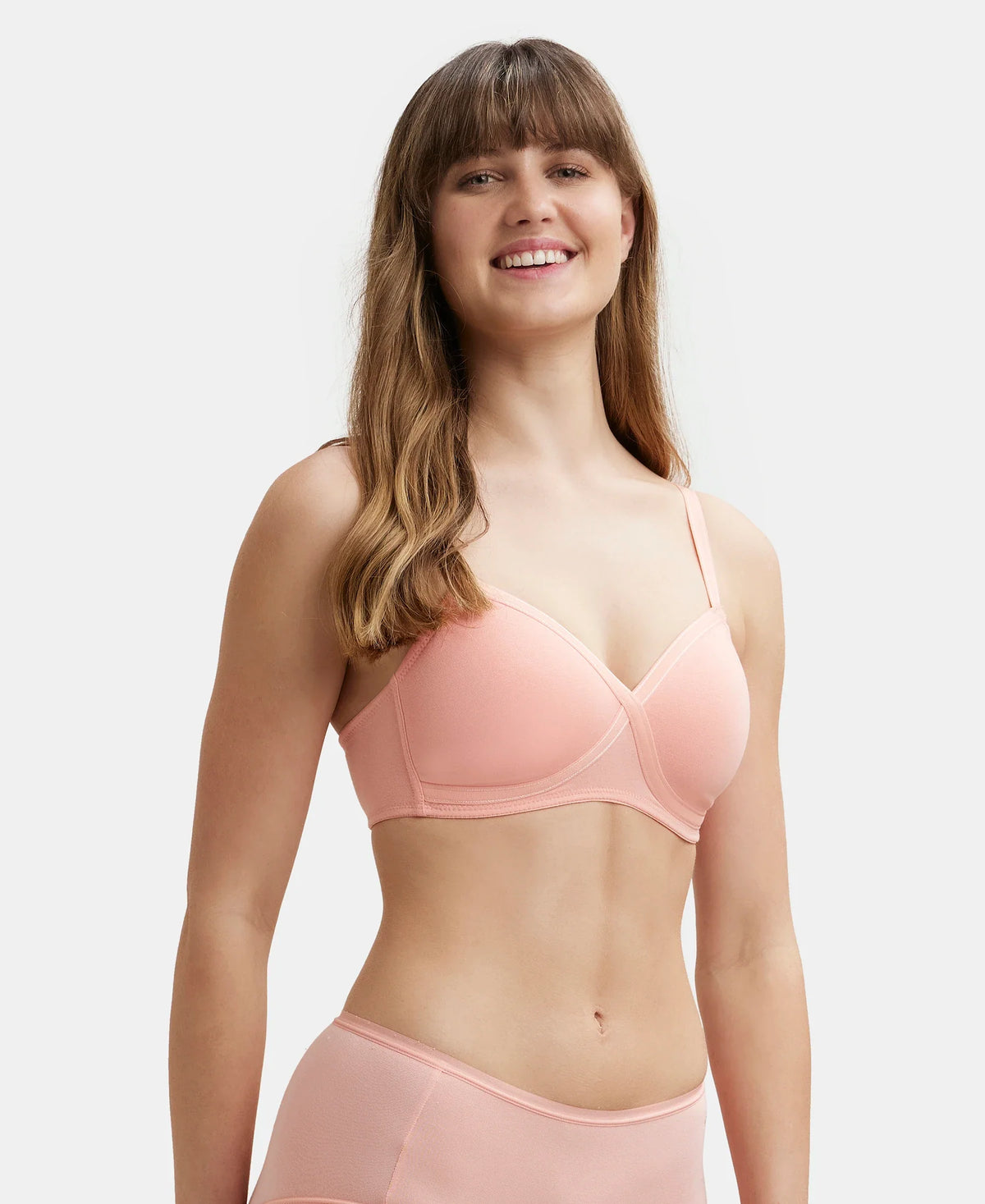 Wirefree Padded Super Combed Cotton Elastane Full Coverage T Shirt Bra With Cross Over Fit Candlelight Peach Fe40
