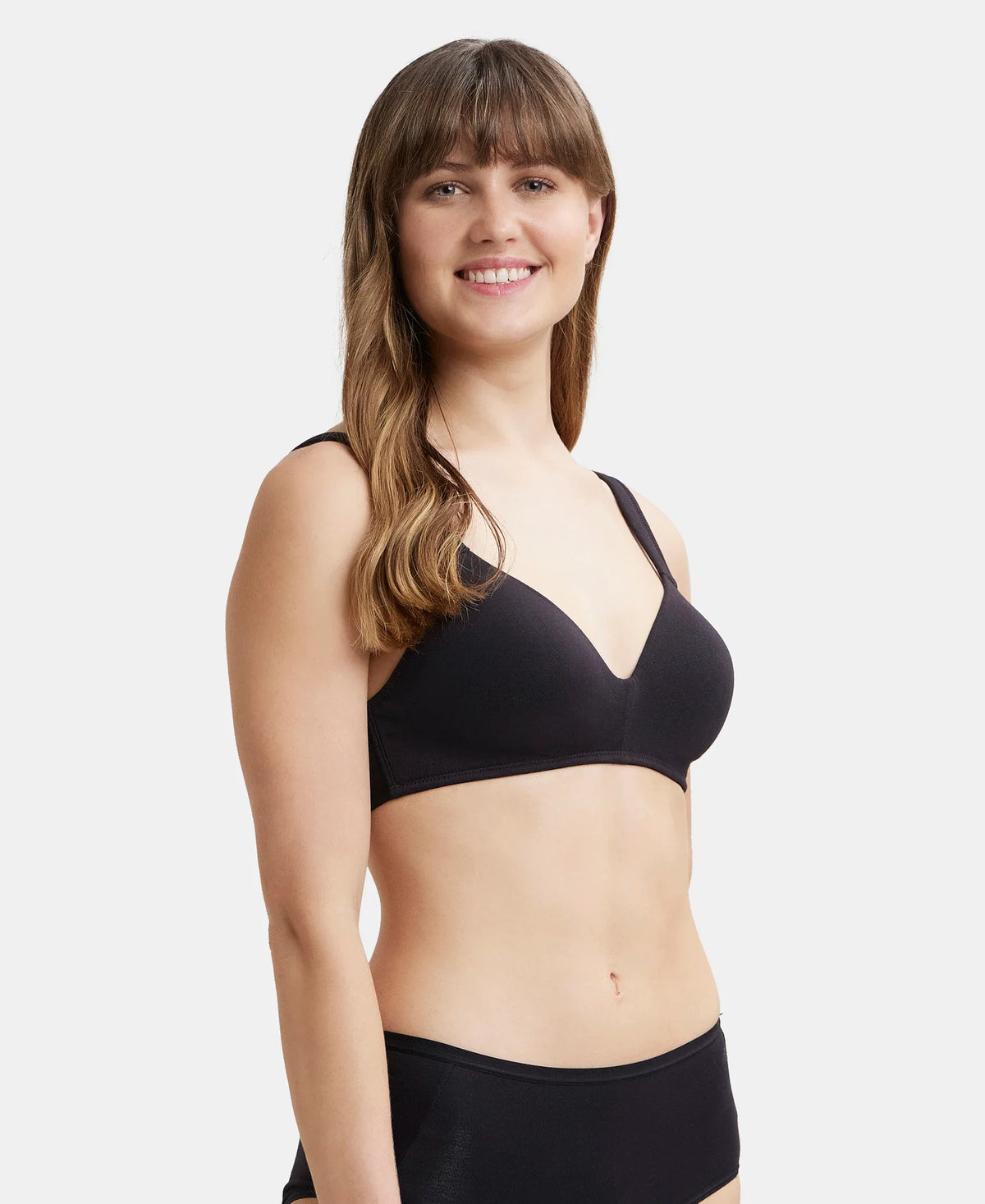 Wirefree Padded Super Combed Cotton Elastane Full Coverage Lounge Bra With Broad Cushioned Fabric Strap Black Fe57