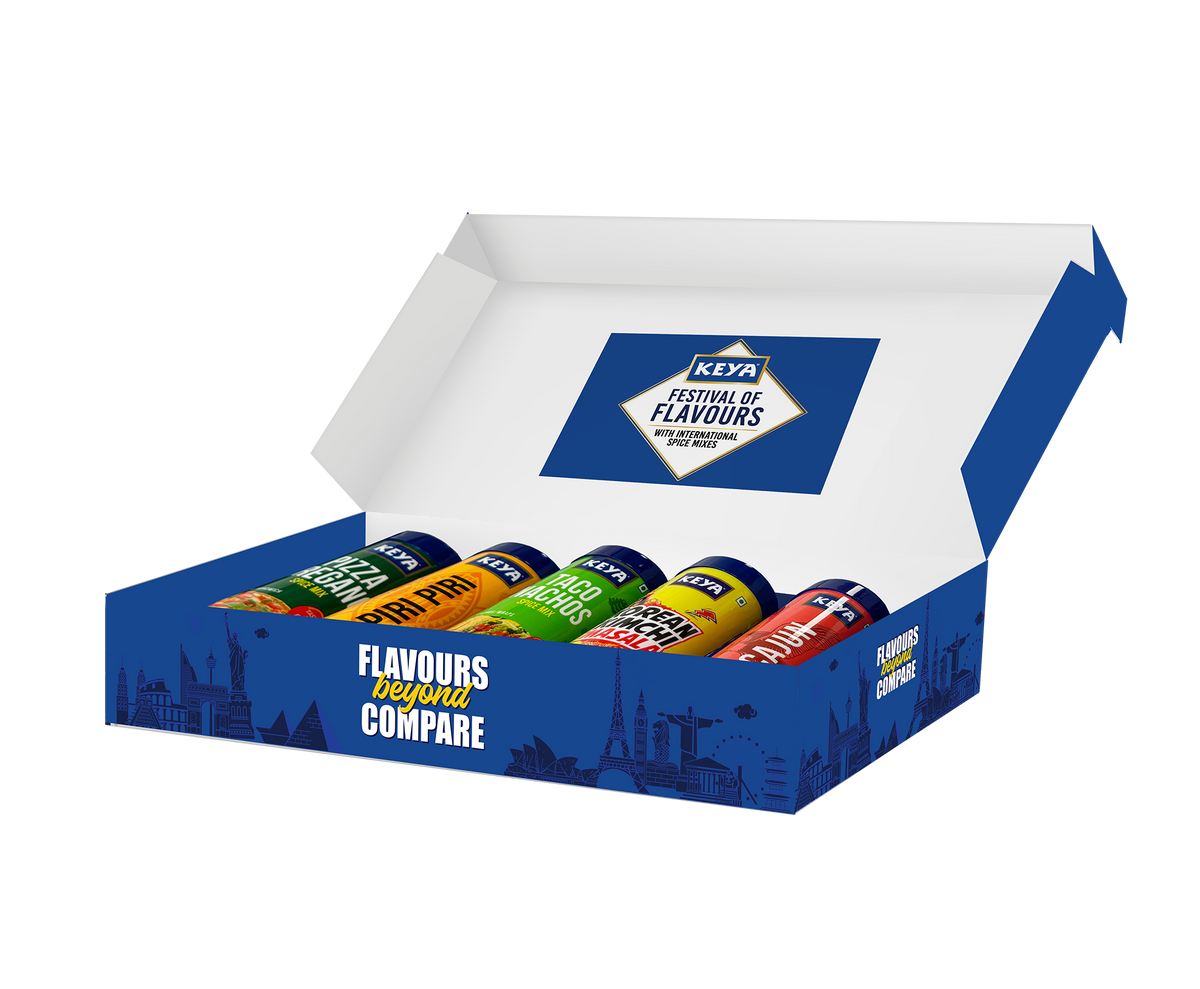 Keyafoods Festival of Flavours Gift Box with five global spice blends: Piri Piri, Pizza Oregano, Korean Kimchi, Tac - Image 2
