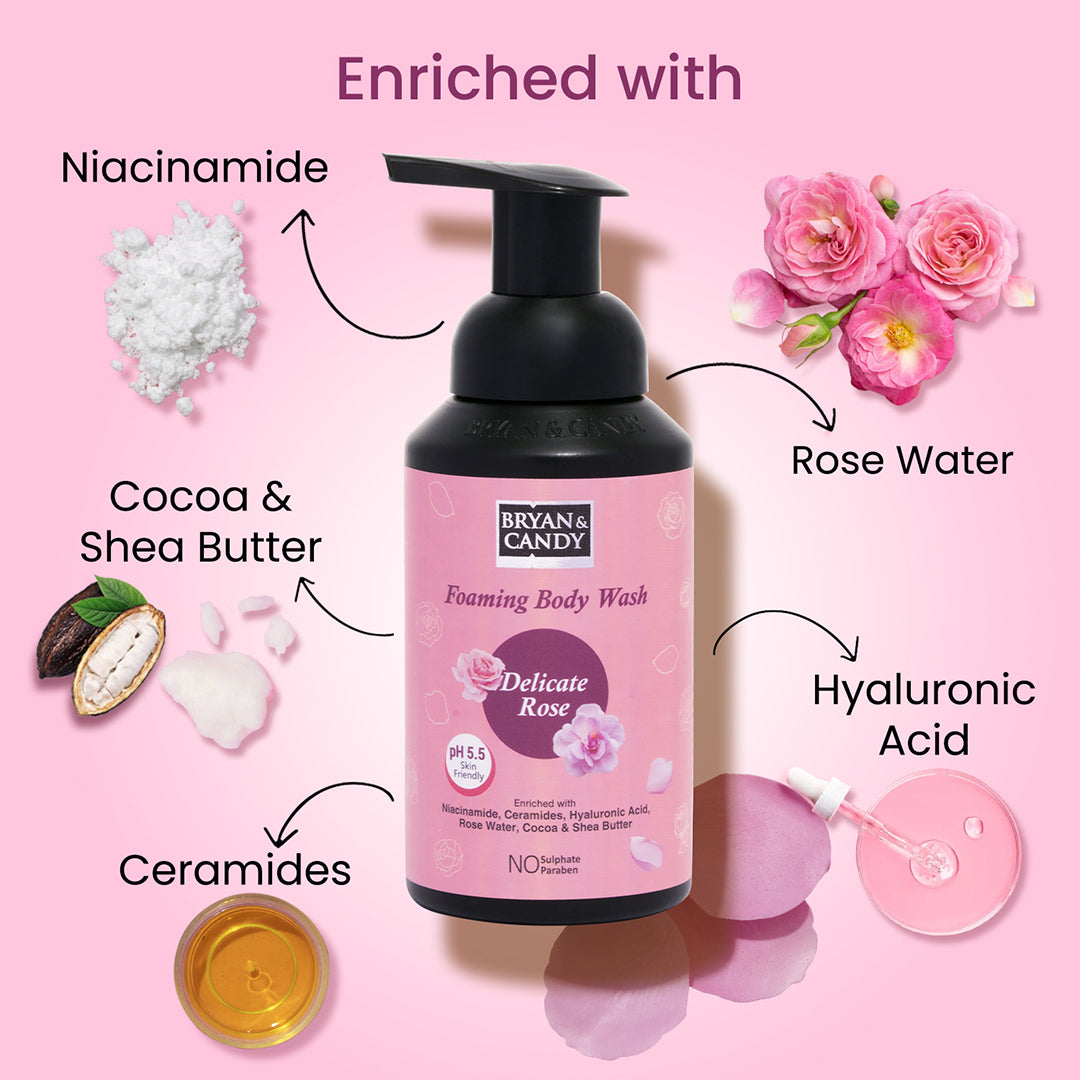 Bryan & Candy Delicate Rose Foaming Body Wash bottle with rich lather and rose petals, premium personal care. - Image 3